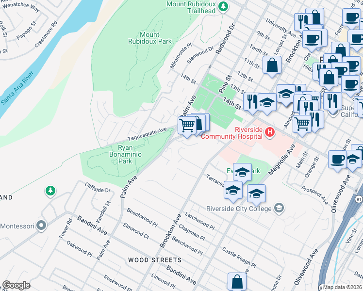 map of restaurants, bars, coffee shops, grocery stores, and more near 4382 Alta Vista Drive in Riverside