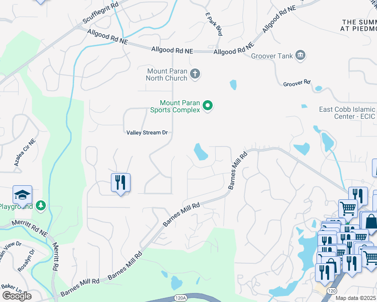 map of restaurants, bars, coffee shops, grocery stores, and more near 873 Edgewater Circle in Marietta