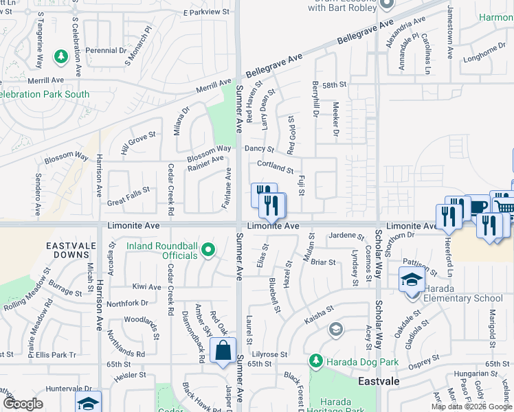 map of restaurants, bars, coffee shops, grocery stores, and more near 13311 Limonite Avenue in Corona