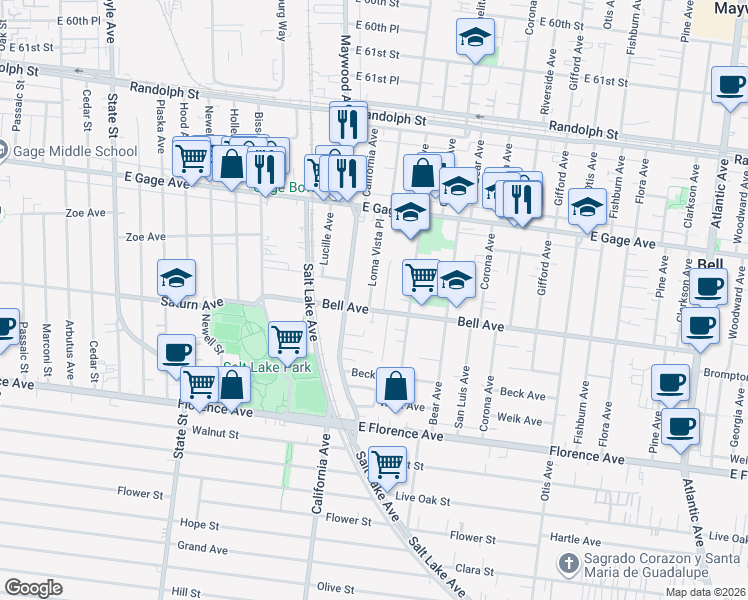map of restaurants, bars, coffee shops, grocery stores, and more near 6712 Loma Vista Place in Bell