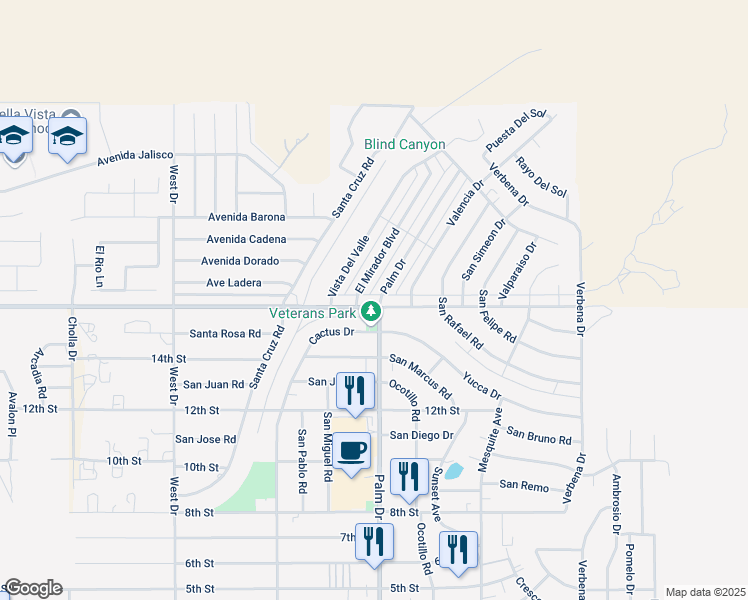 map of restaurants, bars, coffee shops, grocery stores, and more near 9890 El Mirador Boulevard in Desert Hot Springs