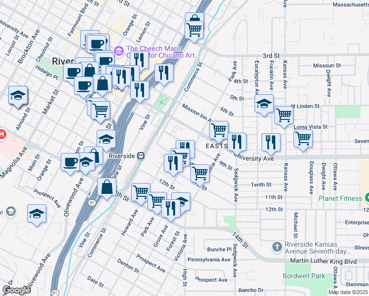 map of restaurants, bars, coffee shops, grocery stores, and more near 2938 9th Street in Riverside