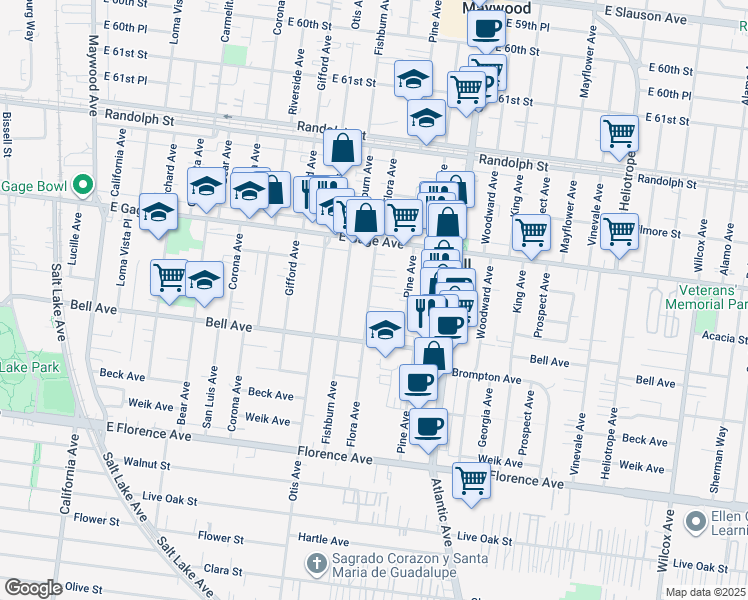 map of restaurants, bars, coffee shops, grocery stores, and more near 6605 Flora Avenue in Bell