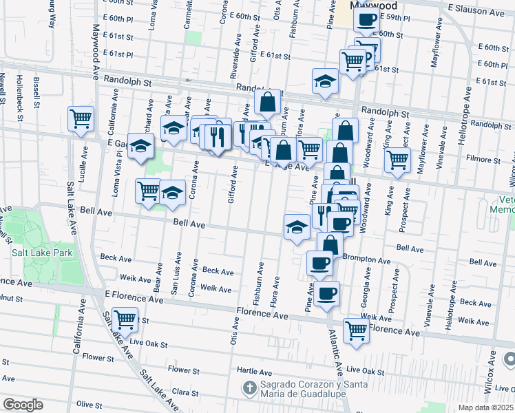 map of restaurants, bars, coffee shops, grocery stores, and more near 6608 Otis Avenue in Bell