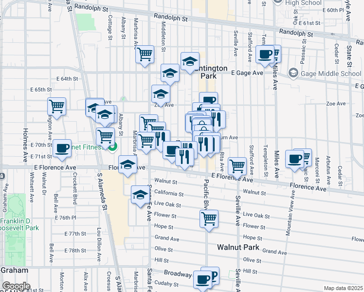 map of restaurants, bars, coffee shops, grocery stores, and more near 6911 Rugby Avenue in Huntington Park