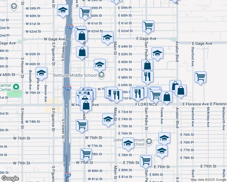 map of restaurants, bars, coffee shops, grocery stores, and more near 6912 South Main Street in Los Angeles