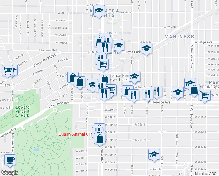 map of restaurants, bars, coffee shops, grocery stores, and more near 6812 Crenshaw Boulevard in Los Angeles