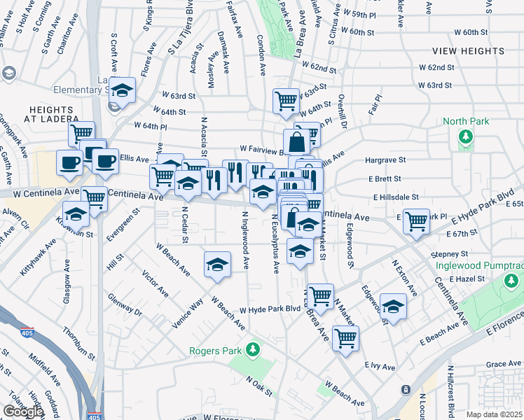 map of restaurants, bars, coffee shops, grocery stores, and more near 1217 Centinela Avenue in Inglewood
