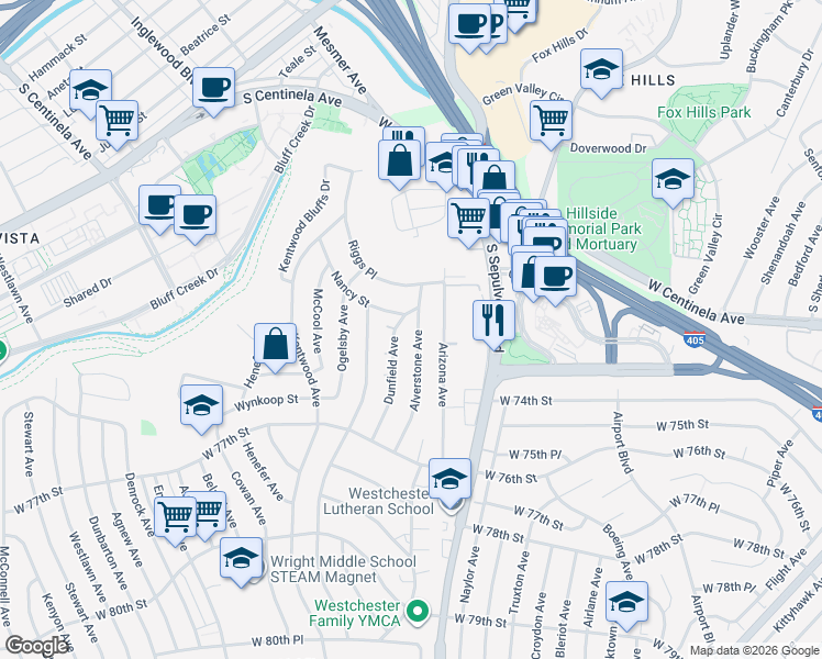 map of restaurants, bars, coffee shops, grocery stores, and more near 6350 Nancy Street in Los Angeles