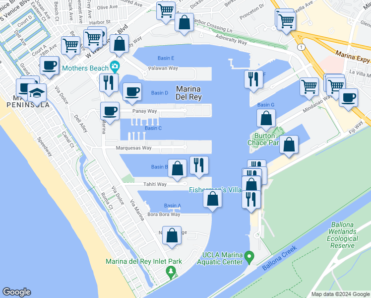 map of restaurants, bars, coffee shops, grocery stores, and more near 13800 Marquesas Way in Marina del Rey
