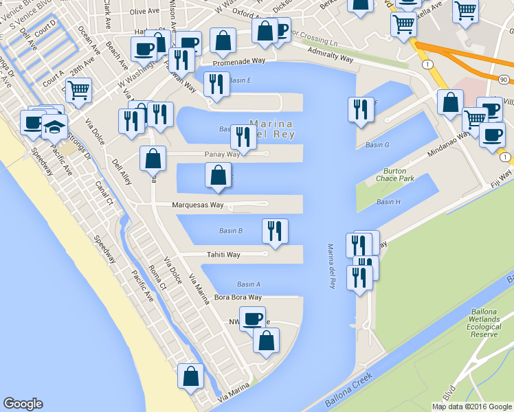 map of restaurants, bars, coffee shops, grocery stores, and more near 13800 Marquesas Way in Marina del Rey