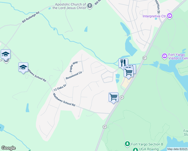 map of restaurants, bars, coffee shops, grocery stores, and more near 347 Turtle Creek Drive in Winder