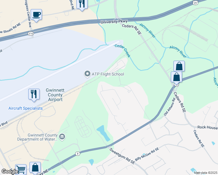 map of restaurants, bars, coffee shops, grocery stores, and more near 606 Grenier Terrace Northeast in Lawrenceville
