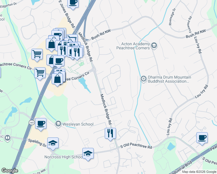 map of restaurants, bars, coffee shops, grocery stores, and more near 3638 Petherton Way Northwest in Norcross