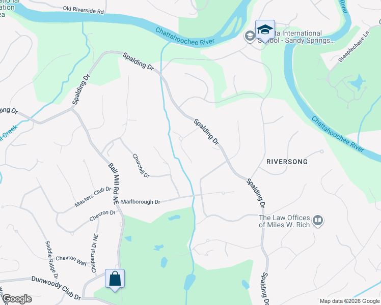 map of restaurants, bars, coffee shops, grocery stores, and more near 7975 Spalding Hills Drive in Atlanta