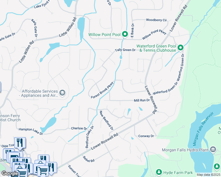 map of restaurants, bars, coffee shops, grocery stores, and more near 5270 Forest Brook Parkway in Marietta
