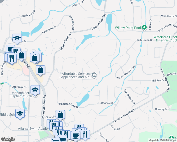 map of restaurants, bars, coffee shops, grocery stores, and more near 1185 Lake Colony Drive in Marietta