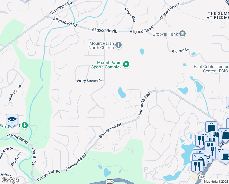 map of restaurants, bars, coffee shops, grocery stores, and more near 873 Edgewater Circle in Marietta