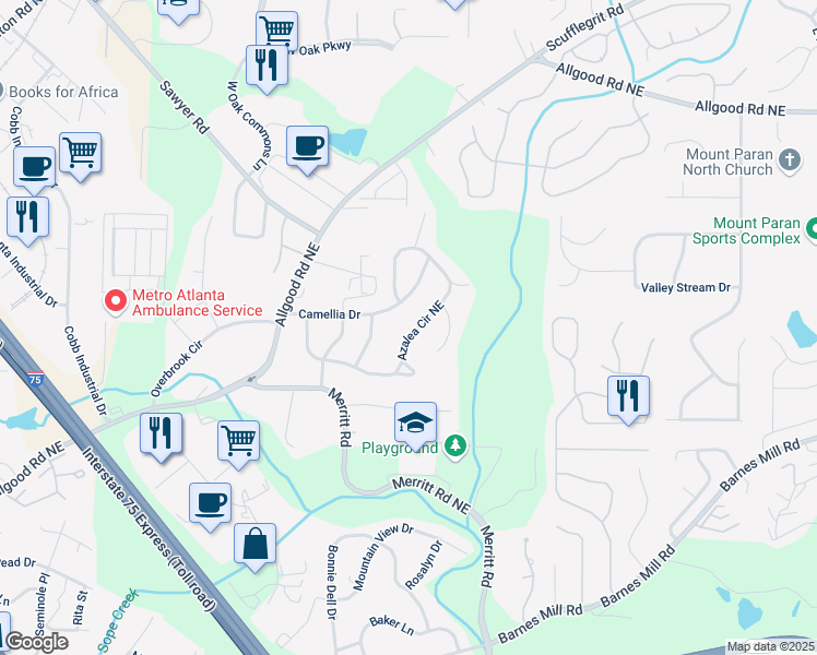 map of restaurants, bars, coffee shops, grocery stores, and more near 1093 Azalea Circle Northeast in Marietta