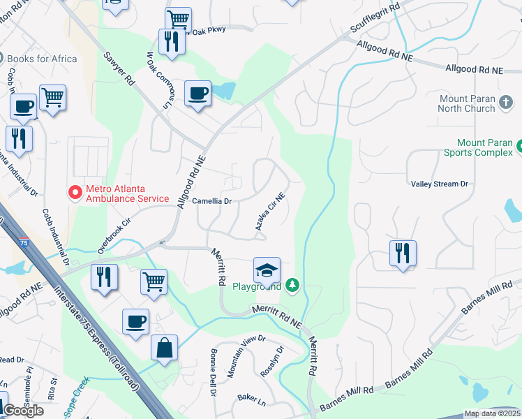 map of restaurants, bars, coffee shops, grocery stores, and more near 1085 Azalea Circle Northeast in Marietta
