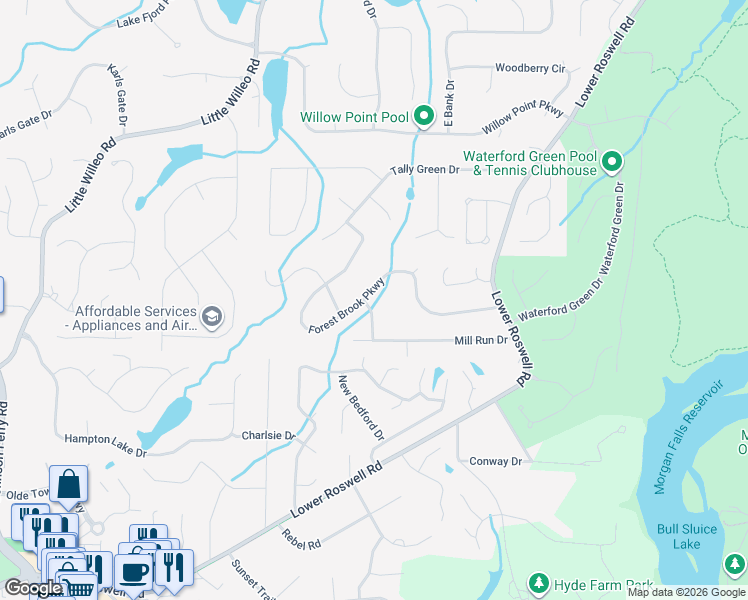 map of restaurants, bars, coffee shops, grocery stores, and more near 5257 Forest Brook Parkway in Marietta