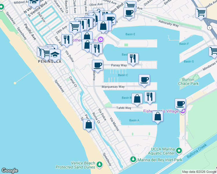 map of restaurants, bars, coffee shops, grocery stores, and more near 14126 Marquesas Way in Marina del Rey