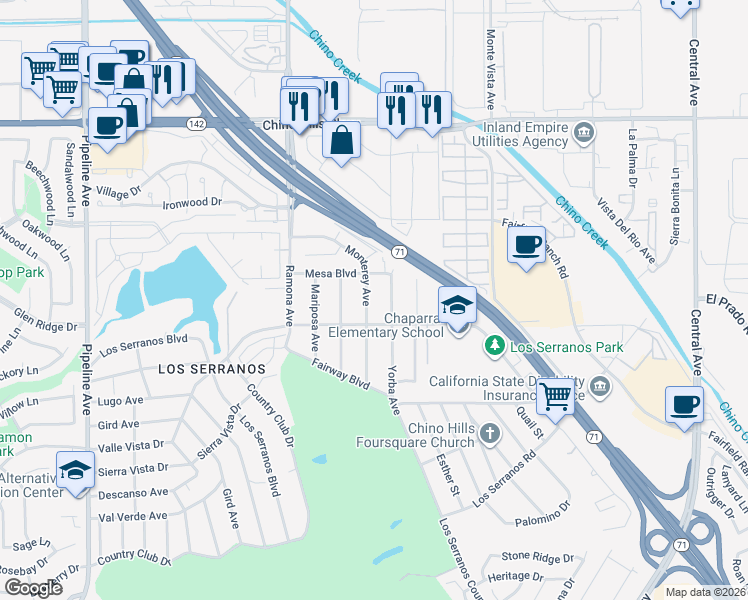 map of restaurants, bars, coffee shops, grocery stores, and more near 15253 Monterey Avenue in Chino Hills