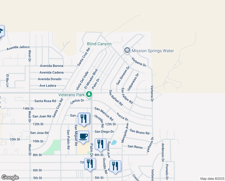 map of restaurants, bars, coffee shops, grocery stores, and more near 66662 Mission Lakes Boulevard in Desert Hot Springs
