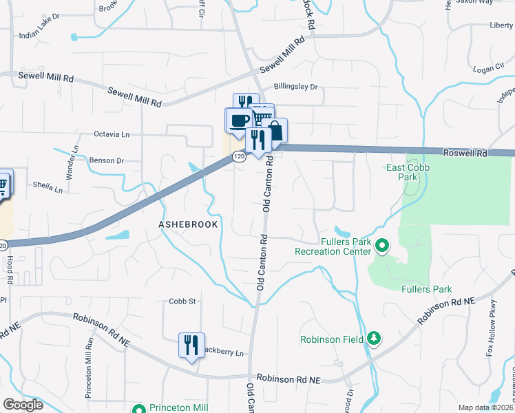 map of restaurants, bars, coffee shops, grocery stores, and more near 3070 Brown Point Place Northeast in Marietta