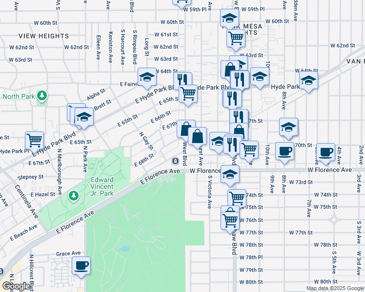 map of restaurants, bars, coffee shops, grocery stores, and more near 6808 West Boulevard in Los Angeles