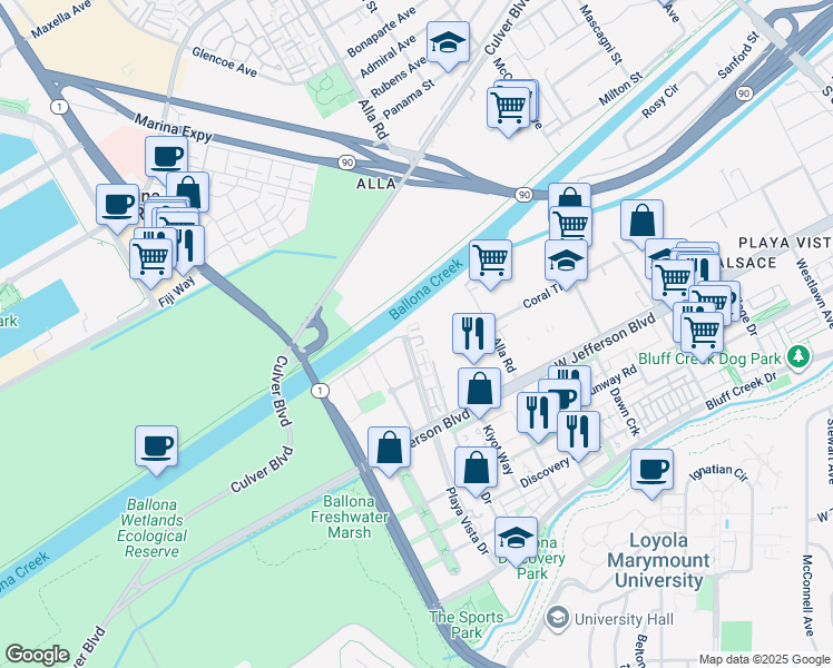 map of restaurants, bars, coffee shops, grocery stores, and more near 5300 Playa Vista Drive in Los Angeles