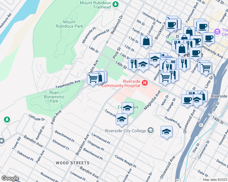map of restaurants, bars, coffee shops, grocery stores, and more near 4577 Brockton Ave in Riverside