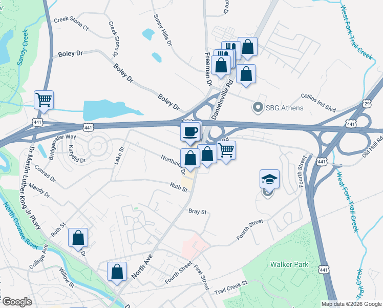 map of restaurants, bars, coffee shops, grocery stores, and more near 146 Northcrest Drive in Athens