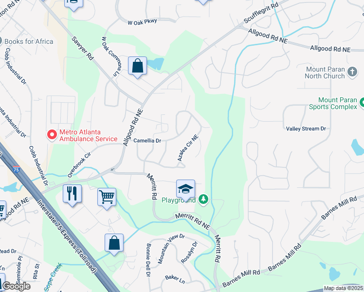 map of restaurants, bars, coffee shops, grocery stores, and more near 1093 Azalea Circle Northeast in Marietta