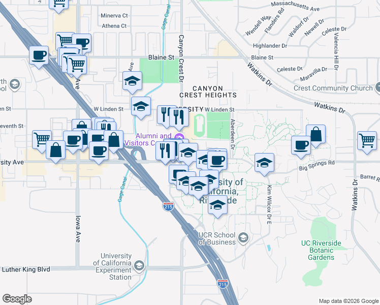 map of restaurants, bars, coffee shops, grocery stores, and more near in Riverside