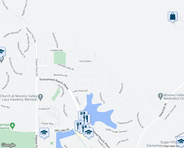 map of restaurants, bars, coffee shops, grocery stores, and more near 23560 Descanso Drive in Moreno Valley