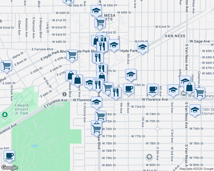 map of restaurants, bars, coffee shops, grocery stores, and more near 6821 11th Avenue in Los Angeles