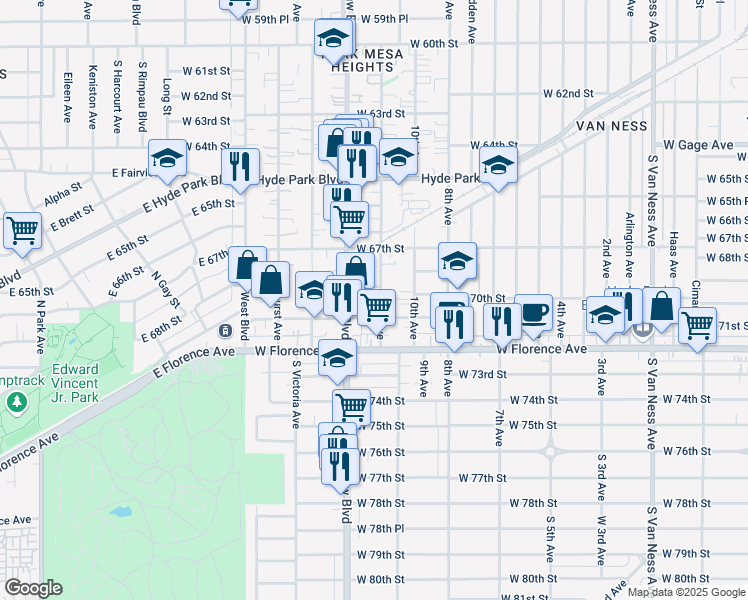 map of restaurants, bars, coffee shops, grocery stores, and more near 6812 11th Avenue in Los Angeles