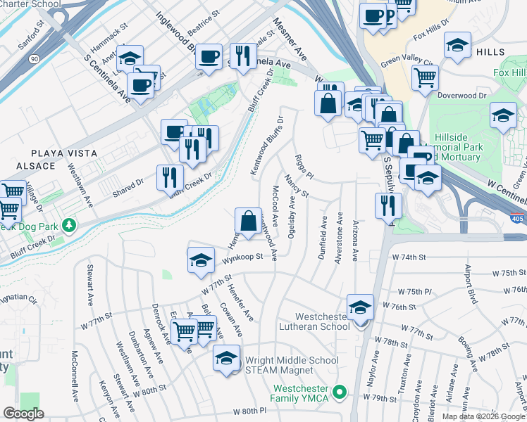 map of restaurants, bars, coffee shops, grocery stores, and more near 7404 Kentwood Avenue in Los Angeles