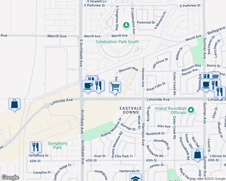 map of restaurants, bars, coffee shops, grocery stores, and more near 6073 Sendero Avenue in Eastvale