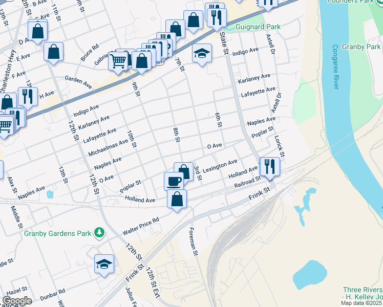 map of restaurants, bars, coffee shops, grocery stores, and more near 719 Oakland Avenue in Cayce