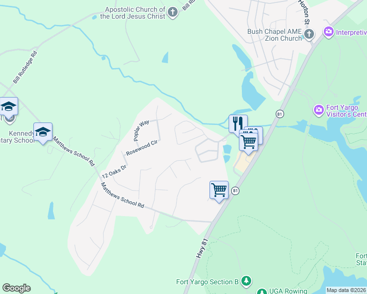 map of restaurants, bars, coffee shops, grocery stores, and more near 347 Turtle Creek Drive in Winder