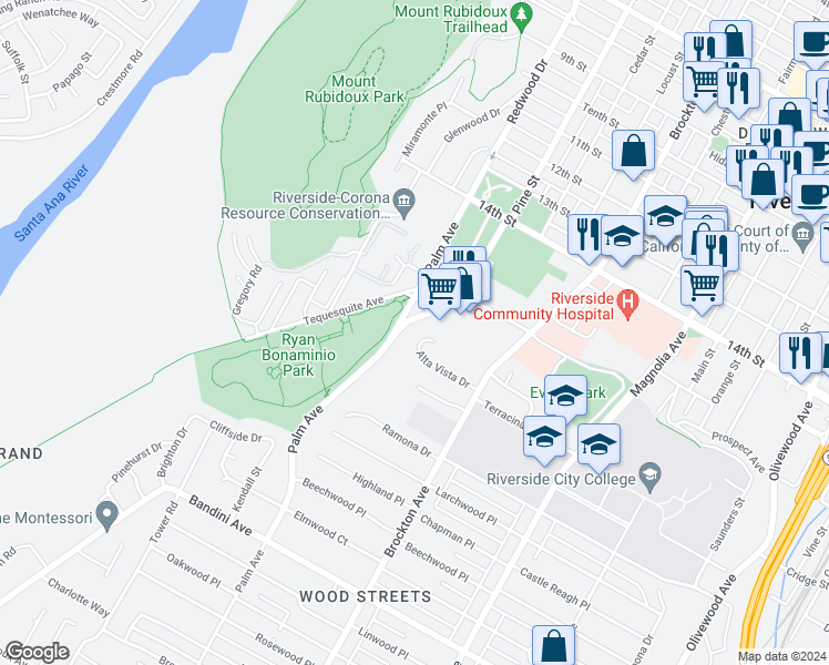 map of restaurants, bars, coffee shops, grocery stores, and more near 4372 Alta Vista Drive in Riverside