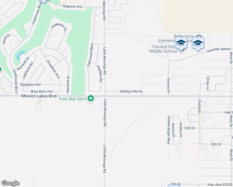 map of restaurants, bars, coffee shops, grocery stores, and more near 65093 Rolling Hills Drive in Desert Hot Springs