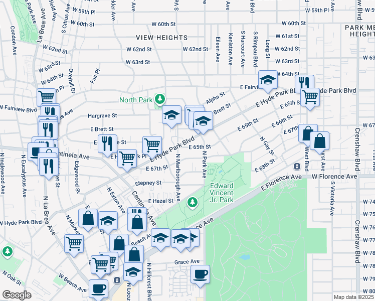 map of restaurants, bars, coffee shops, grocery stores, and more near 716 East 65th Street in Inglewood