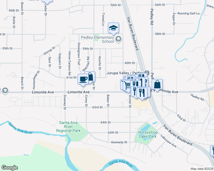 map of restaurants, bars, coffee shops, grocery stores, and more near 9081 Limonite Avenue in Riverside