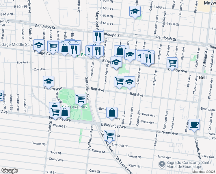 map of restaurants, bars, coffee shops, grocery stores, and more near 6712 Loma Vista Place in Bell
