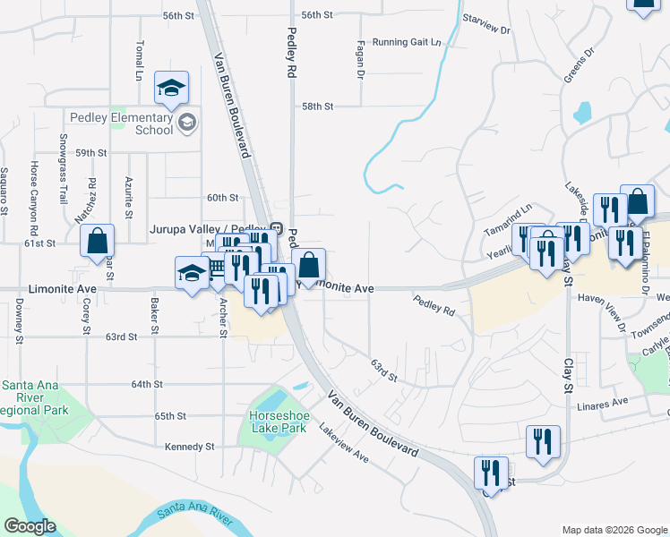 map of restaurants, bars, coffee shops, grocery stores, and more near 6160 Pedley Road in Riverside