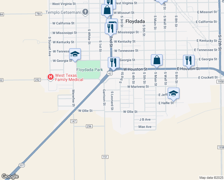 map of restaurants, bars, coffee shops, grocery stores, and more near Childers Street in Floydada