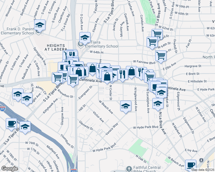 map of restaurants, bars, coffee shops, grocery stores, and more near 953 North Cedar Street in Inglewood